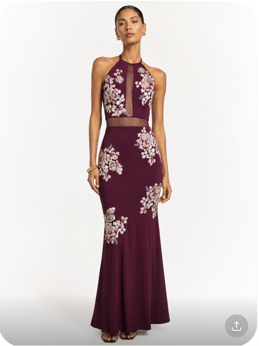 XSCAPE Embroidered Halter Evening Dress in Burgundy Size 2